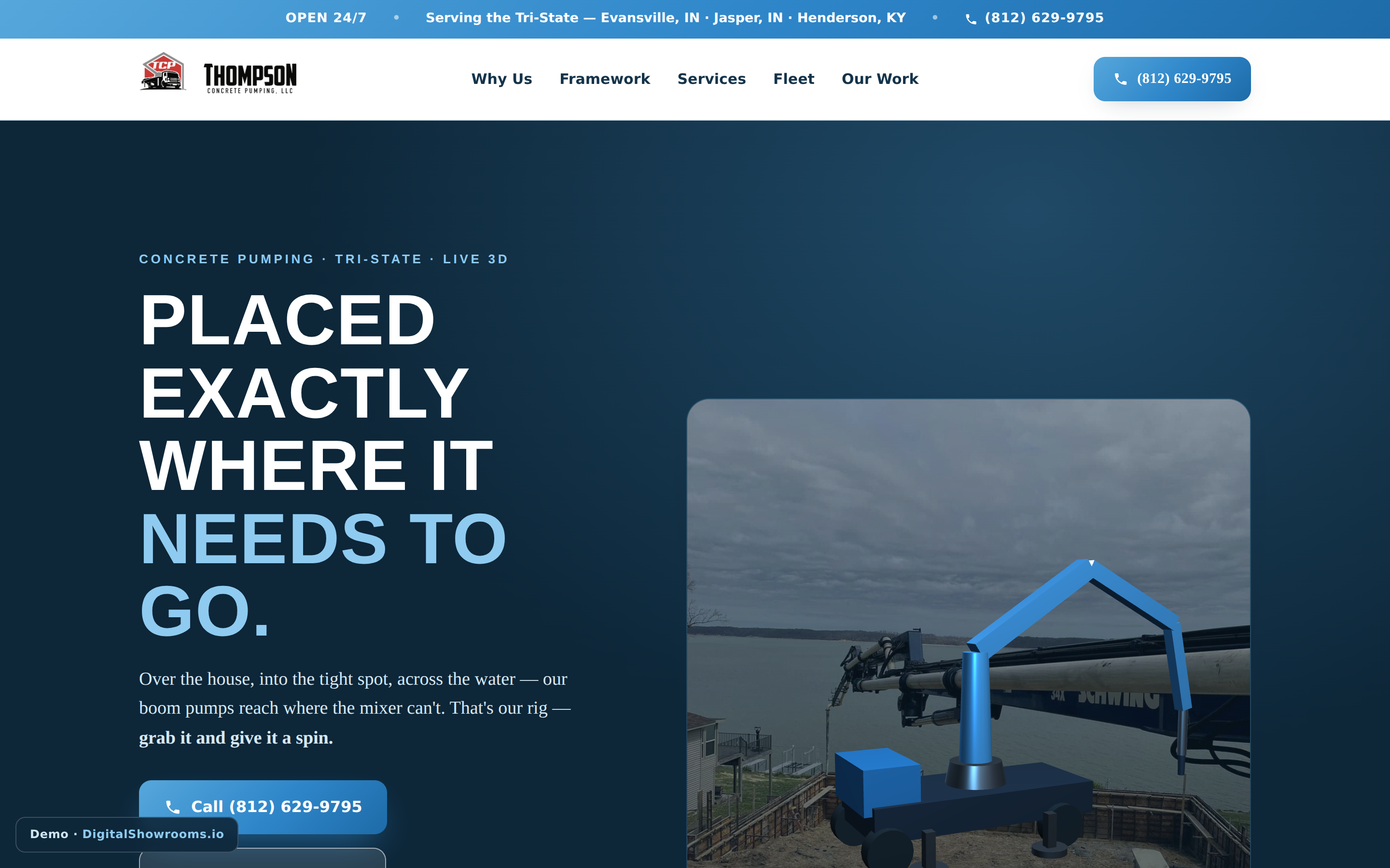 Thompson Concrete Pumping website with live 3D boom pump